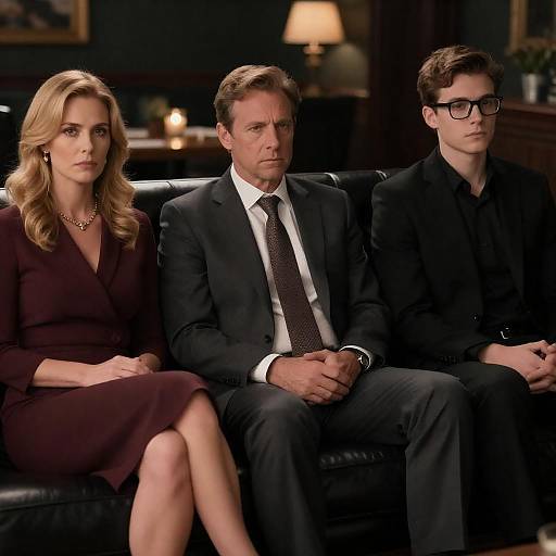 Serious Trio on a Black Leather Couch