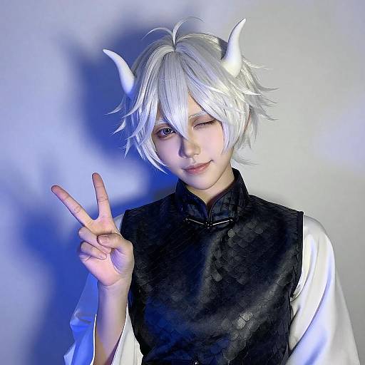 Playful Person with White Hair and Horns
