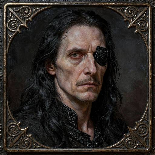 Digital painting of a rugged, long-haired man with a black eye patch, dark clothing, and serious expression, framed in ornate, gold-accent