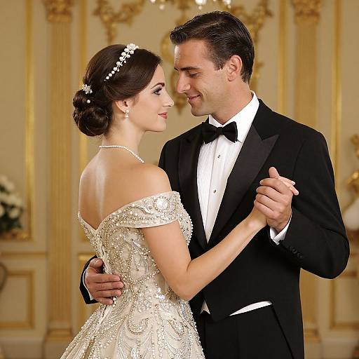 Photograph of a couple dancing in an elegant ballroom. The woman, in an off-shoulder, sparkling white wedding dress, and the man