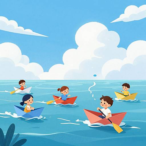 Digital illustration of six children in colorful paper boats, paddling on blue ocean water under a bright, cloud-filled sky.