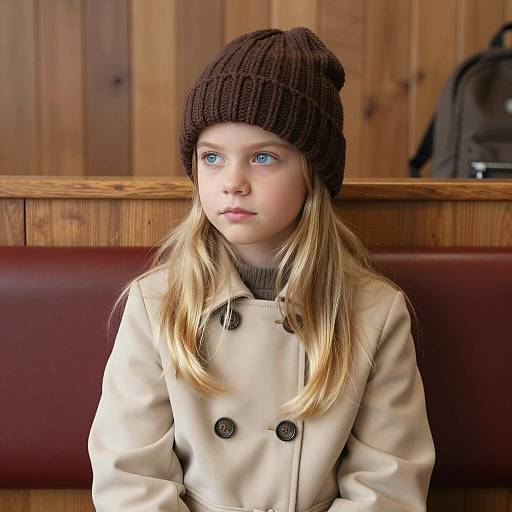 Young girl in brown knit cap and beige coat