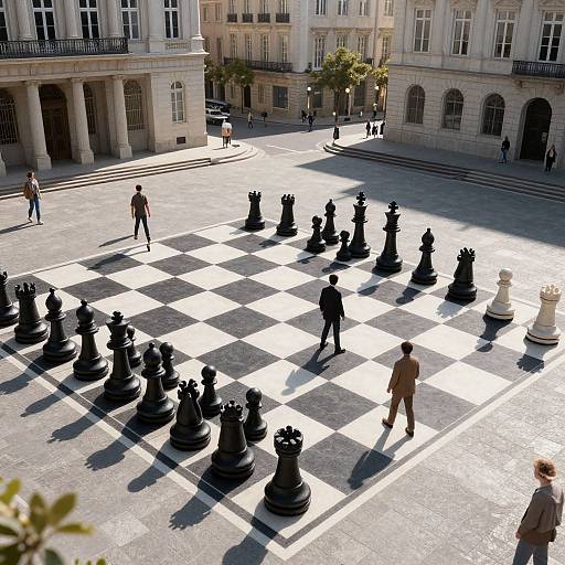 Photograph of a large black-and-white chessboard in a sunlit, open courtyard of a grand, beige, stone building with people standing around.