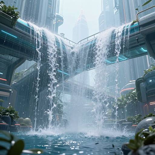 Photograph of a futuristic urban waterfall cascading between sleek, neon-lit skyscrapers, with water splashing into a blue reflecting pool surrounded by