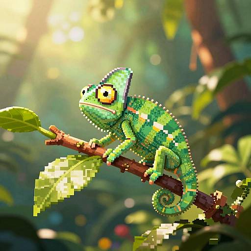 Pixel Art Green Chameleon in Jungle