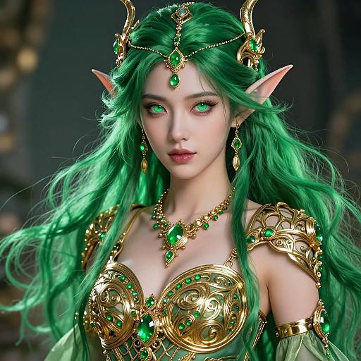 Digital fantasy artwork of a beautiful green-haired elf woman with glowing green eyes, wearing ornate gold and green armor, adorned with gemstones, set against