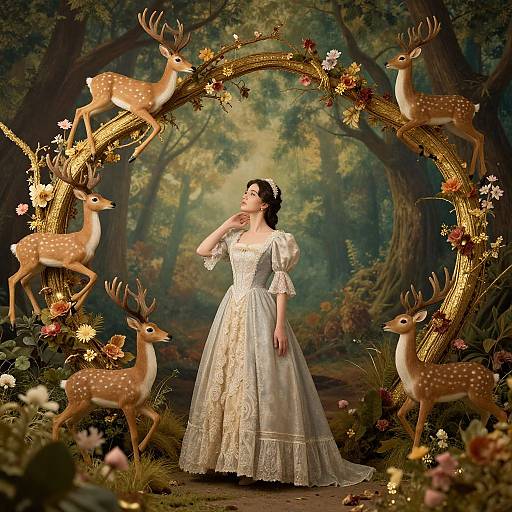 Photograph of a fairytale-style woman in a white lace dress, surrounded by a golden arch adorned with flowers and deer, in a magical forest
