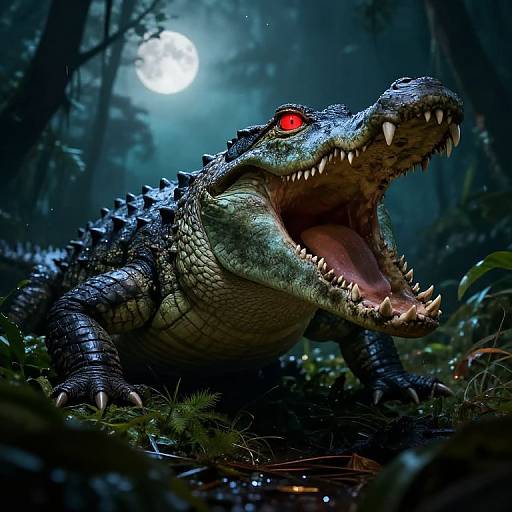 Digital art of a menacing, green, scaly crocodile with glowing red eyes, sharp teeth, and a wide open mouth, in a dark,
