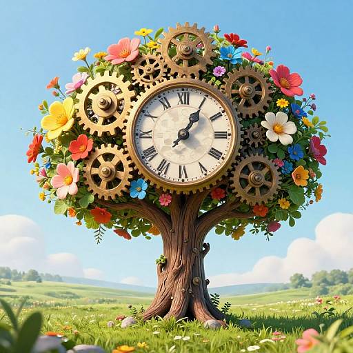 Whimsical digital artwork of a tree with colorful flowers, interwoven with brass gears, and a vintage clock face, standing in a sunny me