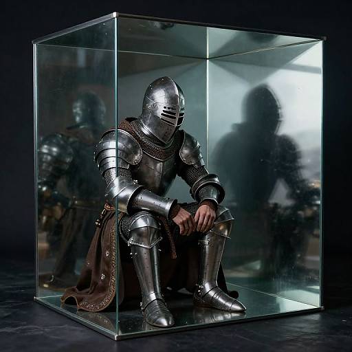 Photograph of a silhouetted knight in shiny silver armor, crouched inside a clear glass cube, reflecting light, with a dark background