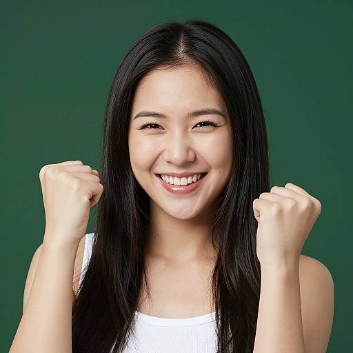 Photograph of a smiling Asian woman with long black hair, wearing a white tank top, fists raised in a triumphant pose against a dark green background