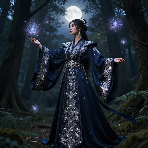 Photograph of an Asian woman in a black, silver-embroidered kimono, conjuring glowing orbs in a moonlit, dense forest.