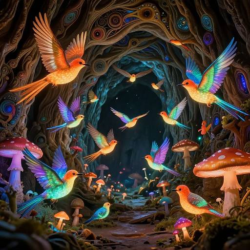 Surreal Glowing Birds in Mushroom Cave