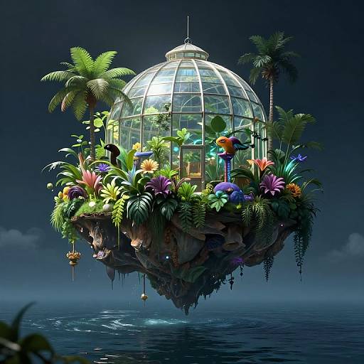 Fantastical floating glass dome greenhouse suspended over dark ocean, illuminated with vibrant plants, colorful flowers, and palm trees at night. Digital art.