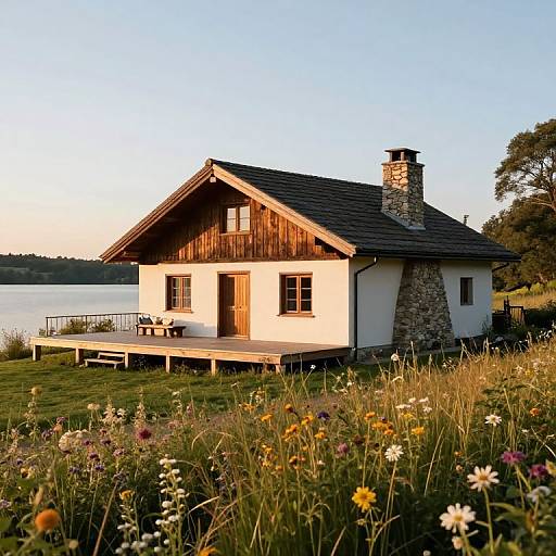 Photograph of a rustic white and wooden cottage with a stone chimney, set in a colorful wildflower meadow, overlooking a serene lake at sunset.