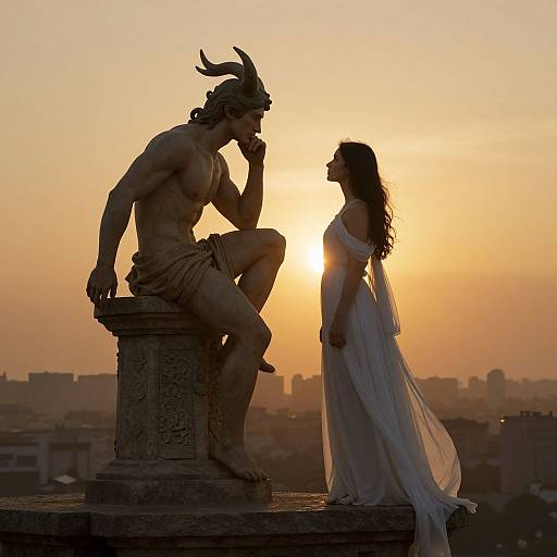 Silhouetted photograph of a muscular, horned statue and a woman in a flowing white dress, standing against a golden sunset.