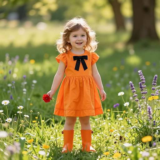 Photograph of a smiling young girl with curly brown hair, wearing an orange dress with black bow, orange socks, and holding a red flower, standing