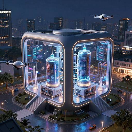 Photorealistic digital artwork of a futuristic, neon-lit, cylindrical structure in a cityscape at night, with hovering drones and illuminated skyscrapers