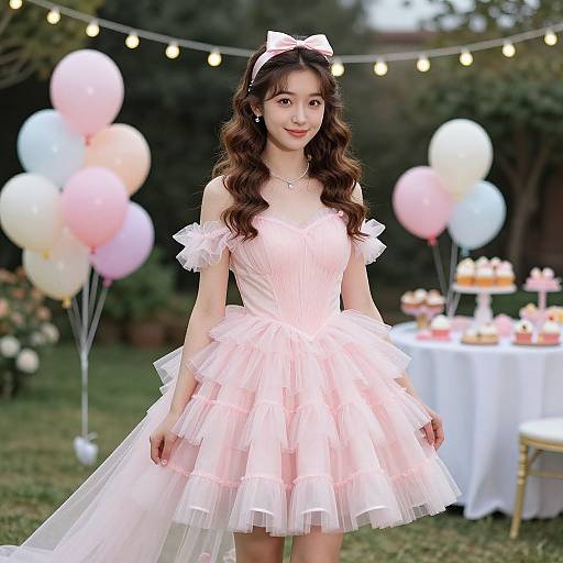 Photograph of an Asian woman with long wavy brown hair, wearing a pink off-shoulder tulle dress and bow headband, standing in