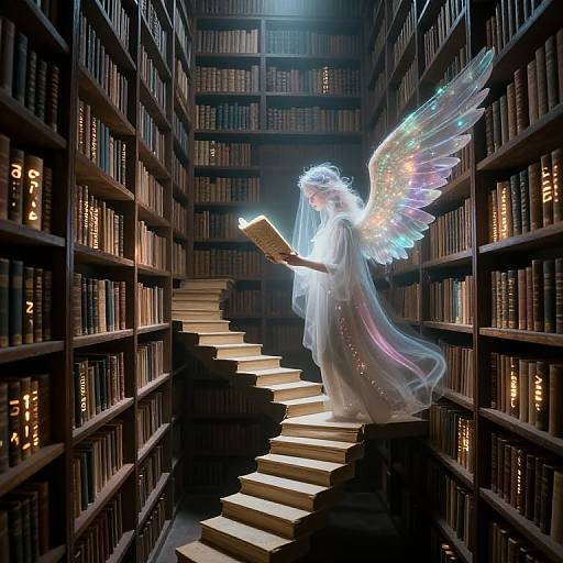Digital artwork: Angel with iridescent wings, white gown, and veil, reads a book on glowing stairs between dark, towering bookshelves.