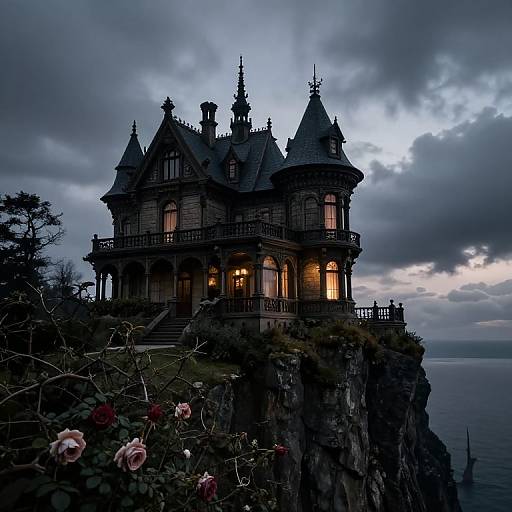 Gothic-style, Victorian mansion with pointed turrets and warm lights, perched on a rocky cliff under a dramatic, cloudy twilight sky, with