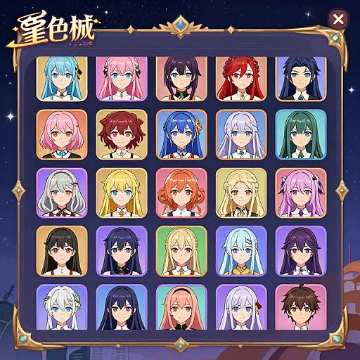 Digital anime-style character grid with 24 distinct female faces, each with unique hair colors, styles, and expressions, set against a starry night background