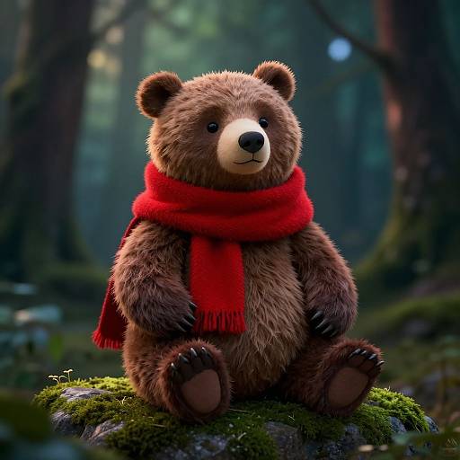 Hyper-Realistic Stuffed Bear in Mystical Forest