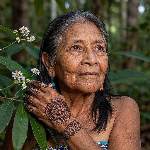Photograph of an elderly Indigenous woman with dark hair, brown skin, intricate henna hand designs, holding white daisy-like flowers, wearing blue earrings