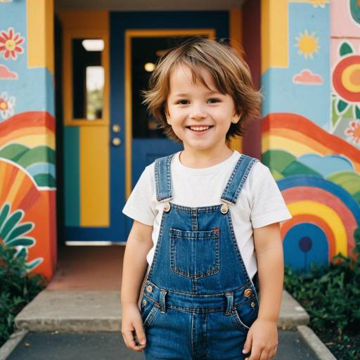 Smiling Toddler Boy in Denim Dungarees