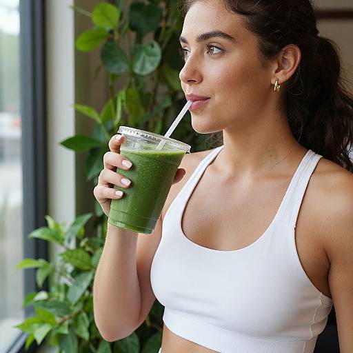 Woman Enjoying Green Smoothie by Window