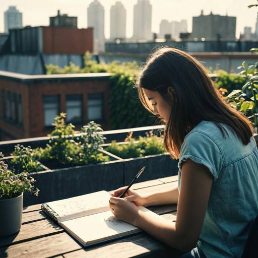 Young Woman Sketching in Rooftop Garden