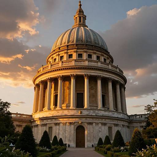Photograph of St. Paul's Cathedral at sunset, showcasing its grand dome illuminated by golden light, with lush gardens and trees in the foreground.
