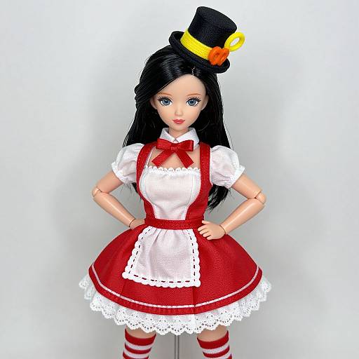 Photograph of a doll with black hair, blue eyes, wearing a red and white maid outfit, striped stockings, and a black top hat with yellow