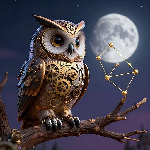 Steampunk Clockwork Owl in Moonlight