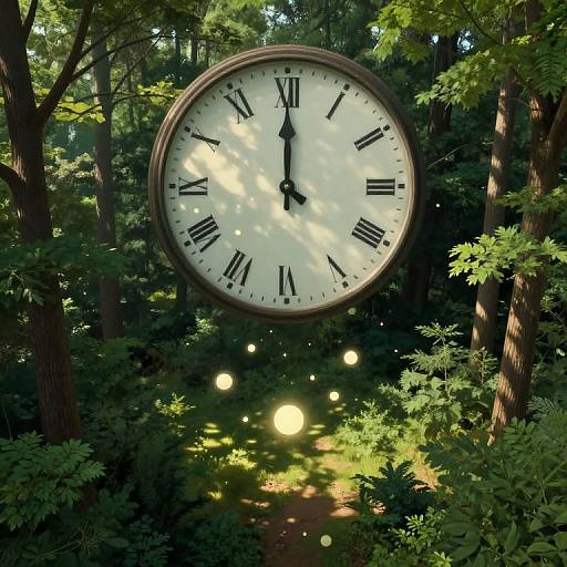 Surreal Forest Clockscape with Luminous Orbs