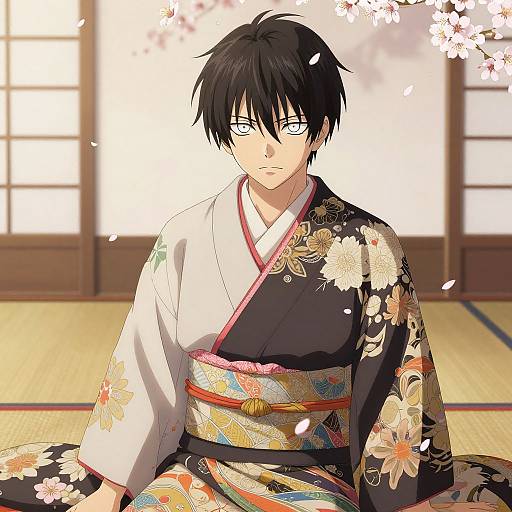 Anime-style digital illustration of a black-haired man with glowing blue eyes, wearing a floral-patterned black and white kimono, sitting on a tatami