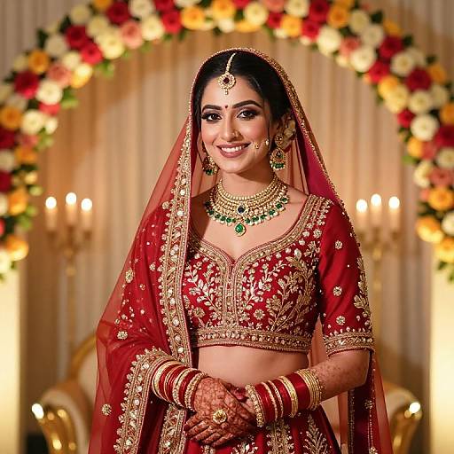 Photograph of a smiling South Asian bride in traditional red and gold embroidered lehenga, veil, jewelry, and henna, standing before a floral arch