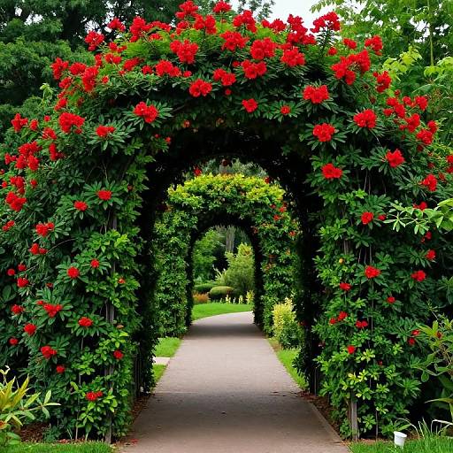 Photograph of a lush garden archway adorned with vibrant red flowers and dense green foliage, leading to a paved path.