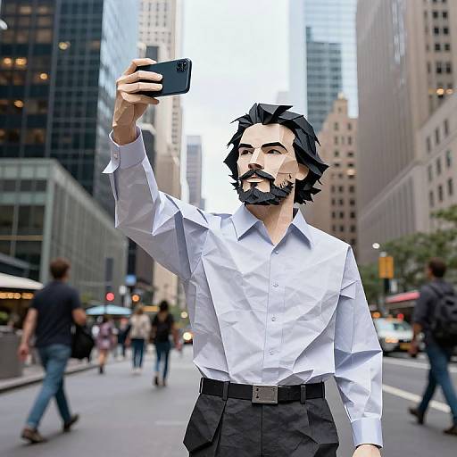 Photograph of a cartoon-style man with black hair and beard, wearing a white shirt and black pants, taking a selfie in a busy urban street with