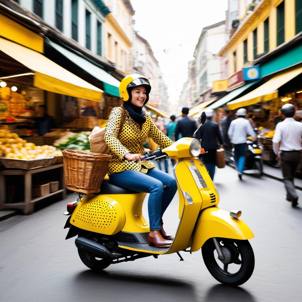 Vibrant Moped Racing Through a Market