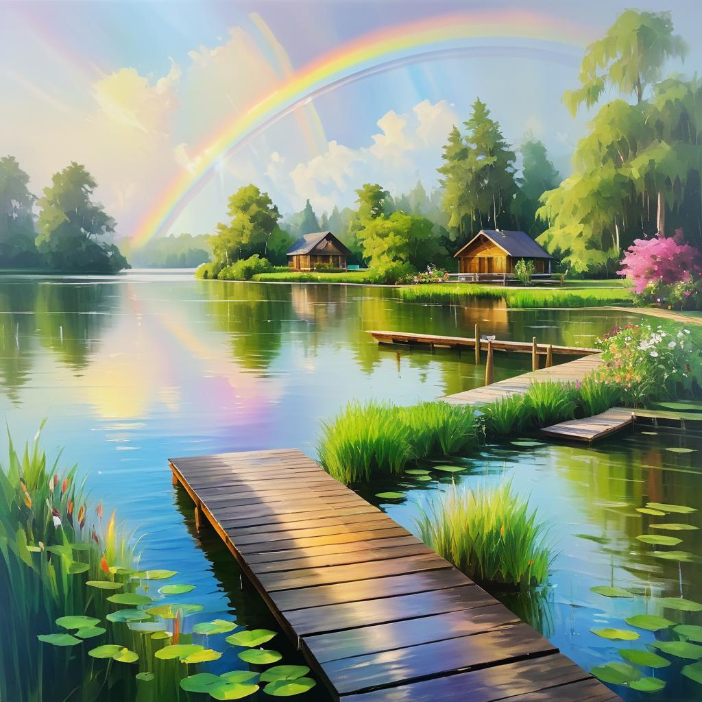 Serene Lake Landscape with Ducks and Rainbow