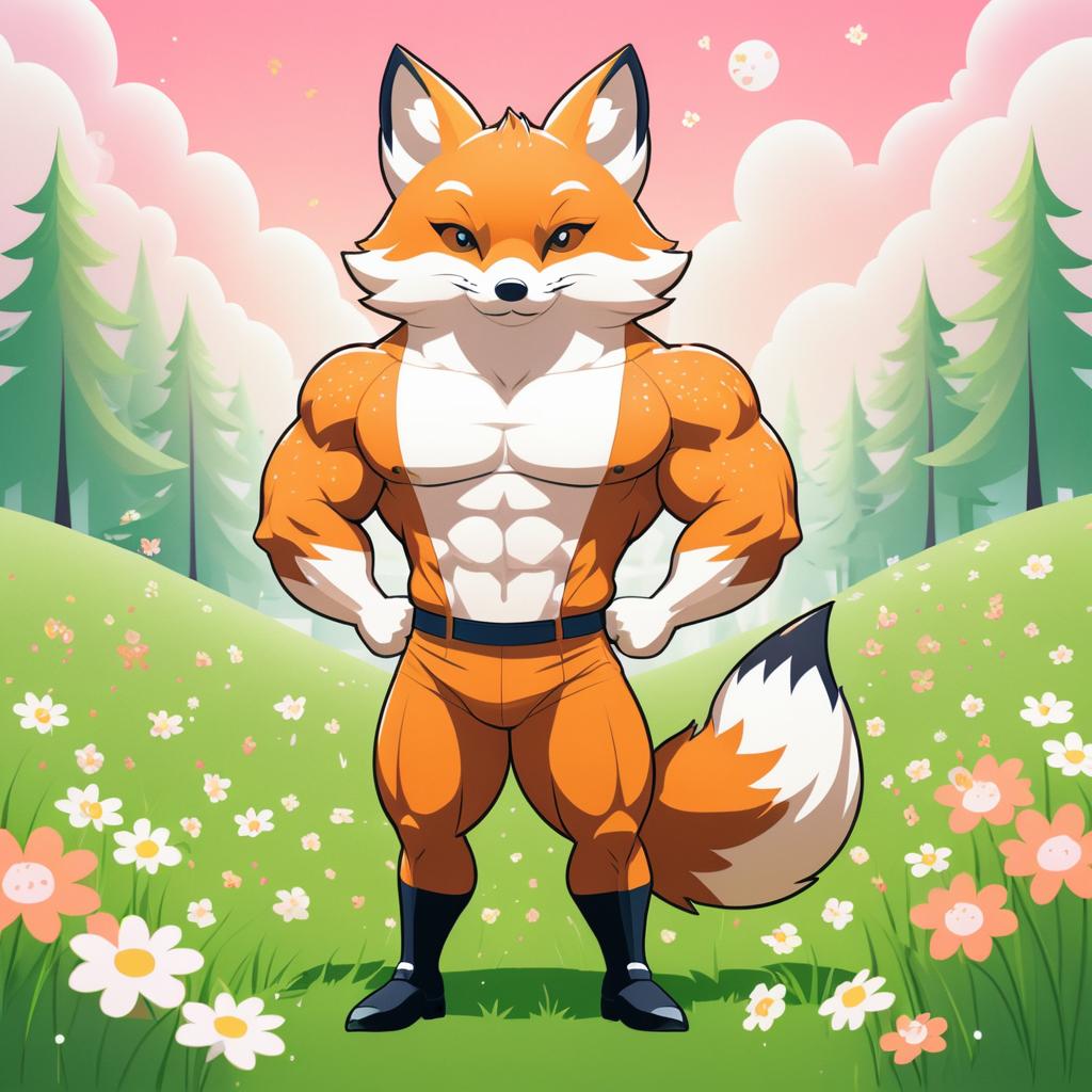 Kawaii Buff Fox in Whimsical Meadow