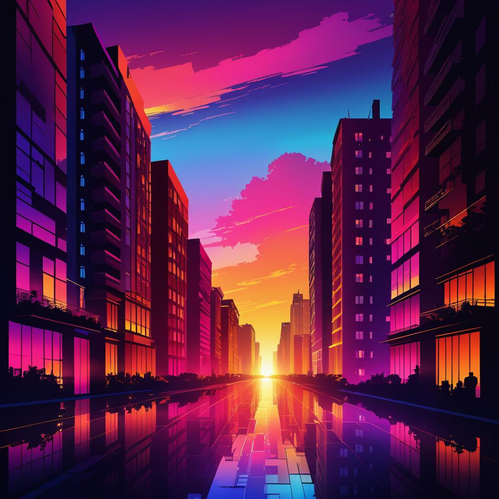 Vibrant City Sunset Digital Painting