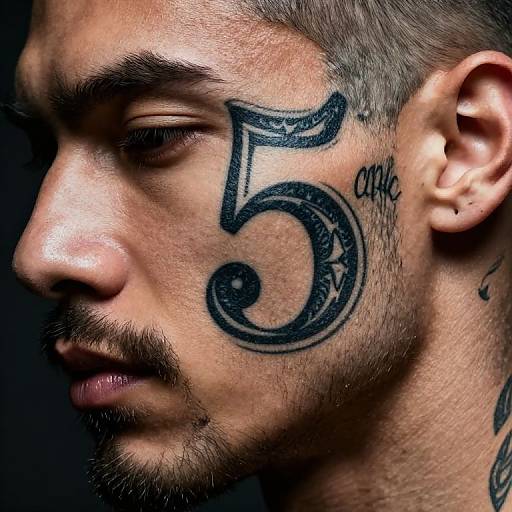 Bearded Male with Number Five Face Tattoo