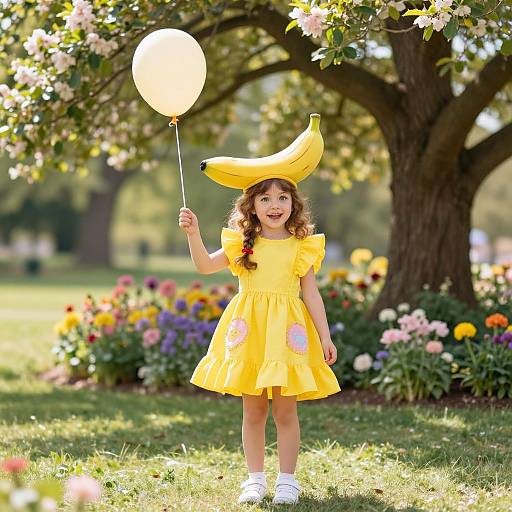 Photograph of a curly-haired young girl in a yellow banana hat and dress, holding a balloon, standing in a sunny, flower-filled park.
