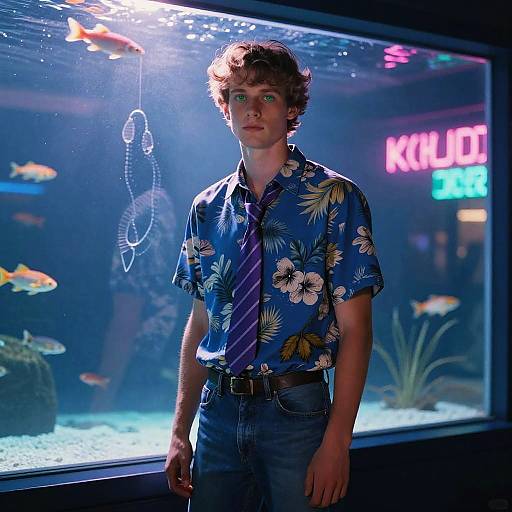 Young Man in Blue Aloha Shirt by Aquarium