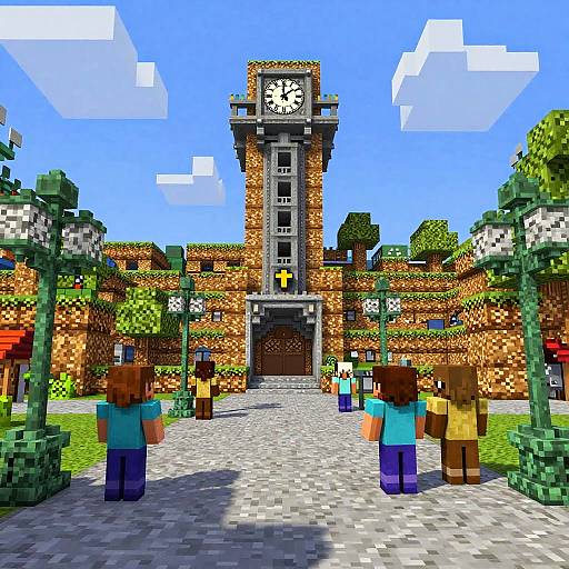 Fantasy Minecraft Town Square with Clock Tower