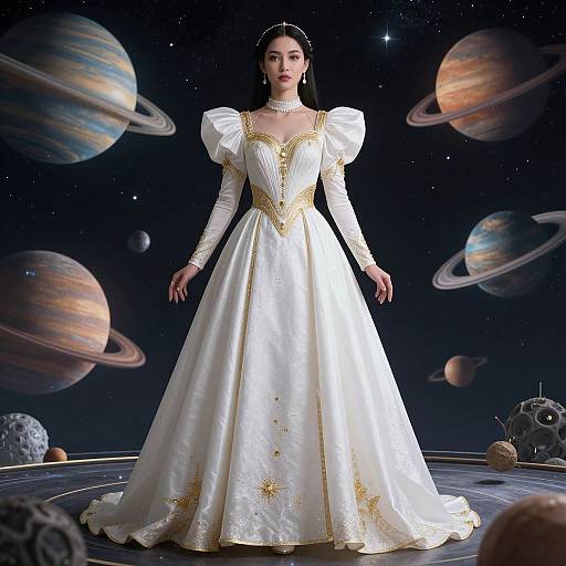 Photograph of a woman in a white, gold-embellished, puffed-sleeve gown, standing on a planetarium-like stage with