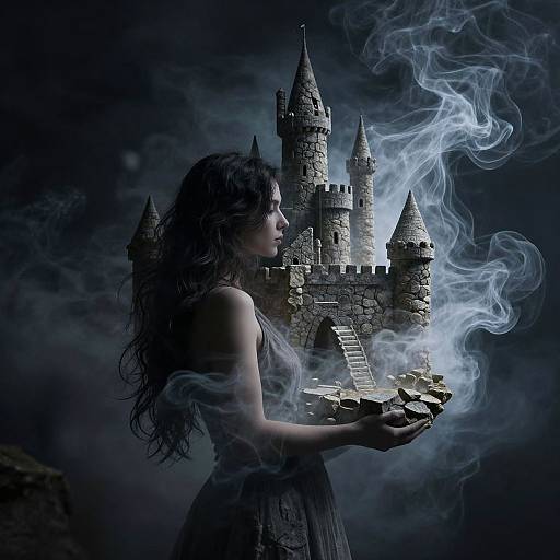 Photograph-style digital art: Dark-haired woman in flowing black dress holds ethereal, smoke-wreathed castle in her hands, moonlit night background