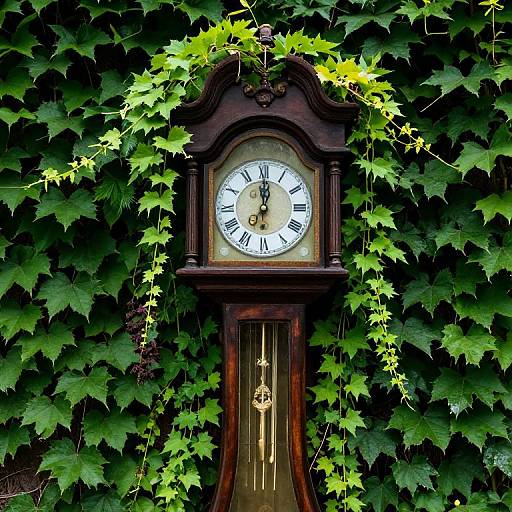 Photograph of a vintage, dark wooden clock with white Roman numerals, surrounded by lush, green ivy leaves, creating a natural, outdoor vign
